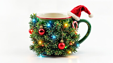 Festive Christmas Mug with Santa Hat and Holiday Decorations on Greenery