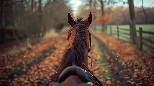 Trained brown horse riding on a footpath in autumn. POV of riding a horse in countryside in fall. Point of view of riding a pony in nature on a sunny winter day. Mental health exercise hobby saddle.