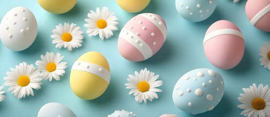 Easter Eggs and Daisies on Blue Background