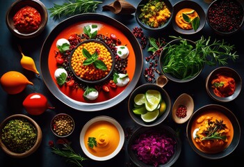 vibrant food visuals showcasing diverse culinary masterpieces colorful elegant artistic arrangements feast eyes, appetizing, cuisine, delicacy, dessert