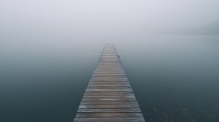 Fototapeta premium Foggy Lake with Wooden Dock - Serene Landscape Photography