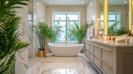 Modern Bathroom Design with Freestanding Tub and Tropical Plants