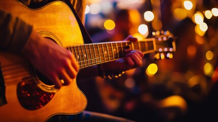 Naklejka premium Close-up of a Musician Playing Acoustic Guitar on Stage