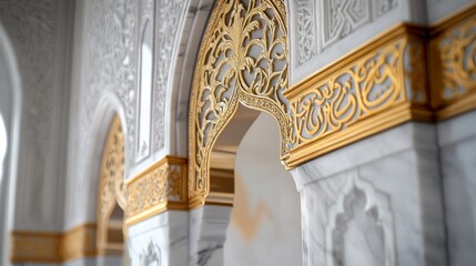 Intricate Details of a Mosque Interior: Golden Accents and Marble Pillars