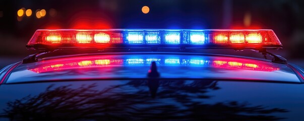 Police Car with Flashing Red and Blue Lights at Night, Emergency Response Vehicle in Action