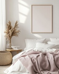 Bohemian Chic: Empty Frame in Pastel Pink Scandi-Boho Bedroom Interior