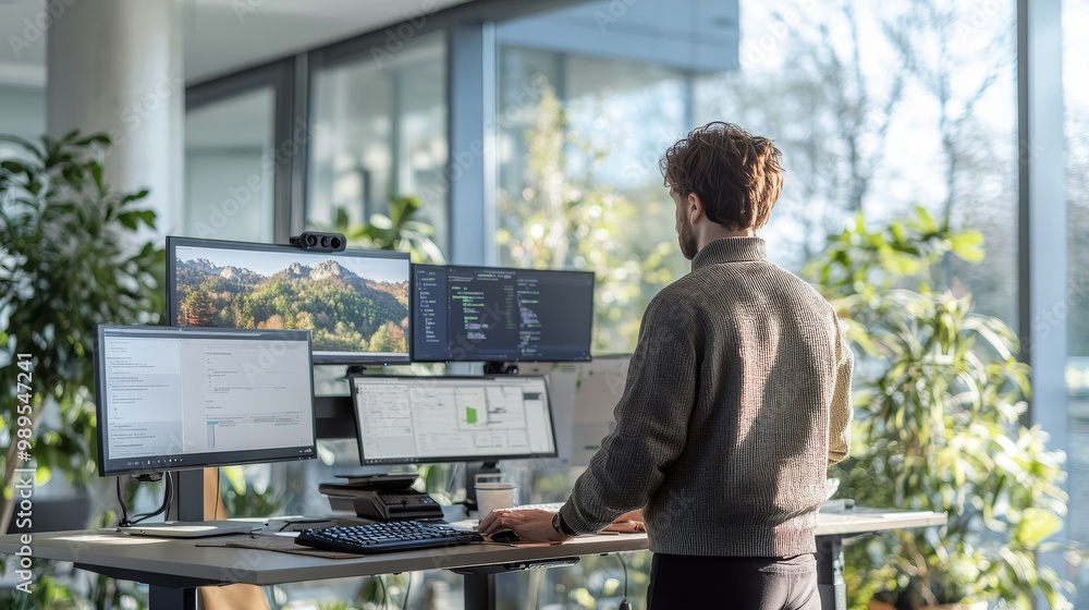 Poster modern office workspace with multiple monitors