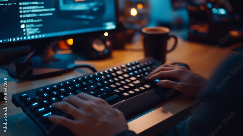 Poster close-up of hands typing on a computer keyboard at night