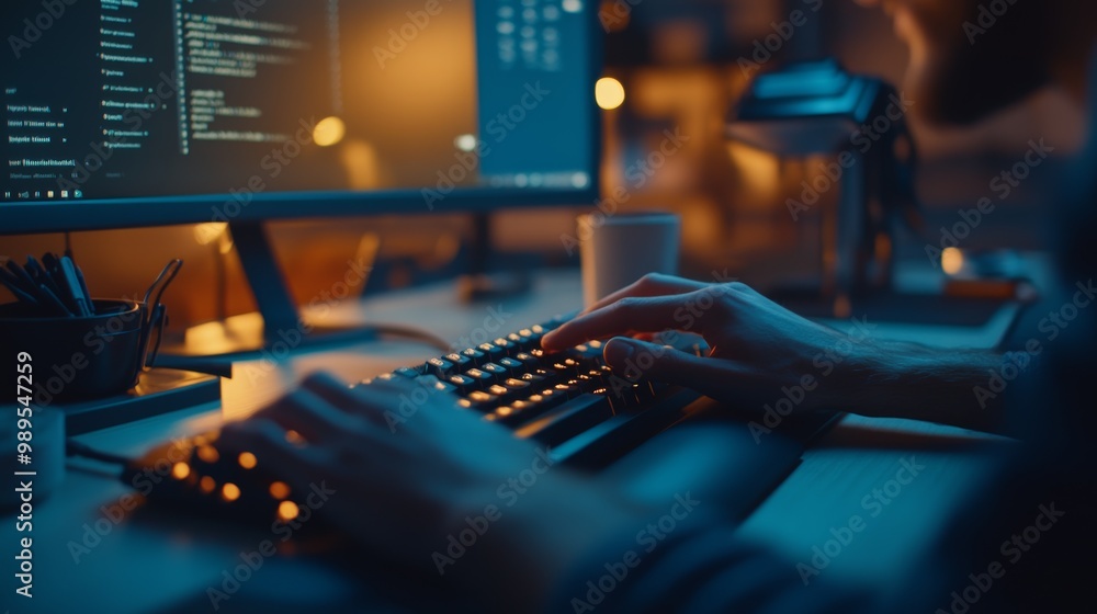 Poster close-up of hands typing code on a keyboard at night