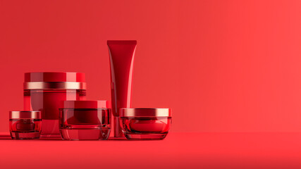 A collection of cosmetic containers in various sizes is artfully arranged against a striking red background, showcasing a sleek design and luxury feel