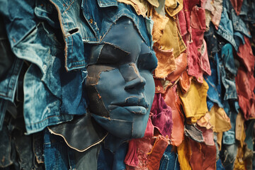 Obraz premium An immersive avant-garde art installation brought to life with recycled denim creating a textured human face in a vibrant gallery space