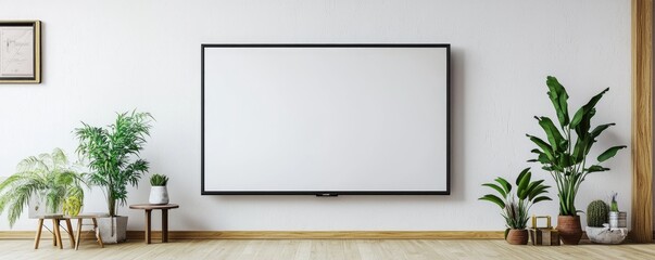 Modern Minimalist Living Room with Large Blank TV Screen and Indoor Plants on Wooden Floor