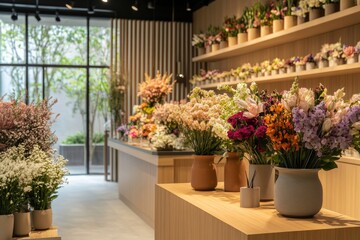 Elegant Floristry Space with Stylish Furniture and Bountiful Floral Arrangements