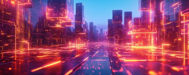 Futuristic Digital Cityscape with Neon Lights and High-Tech Architecture at Dusk