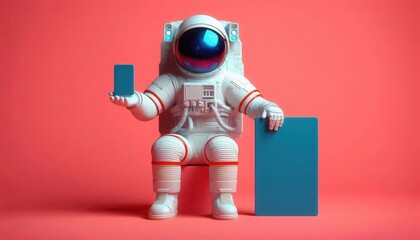 Naklejka premium A playful astronaut character holds a smartphone and tablet against a vibrant backdrop, symbolizing innovation in technology and creativity for digital business applications.