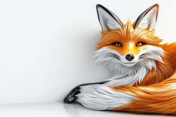 Obraz premium An artistically rendered fox with detailed orange and white fur textures, lying down against a smooth white backdrop, emphasizing its elegance and tranquility.