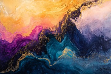 Abstract vibrant, colorful fluid paint, blending hues, purple, teal, orange, yellow swirling design, contemporary art concept