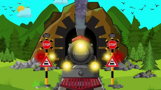 Digital animation of an old steam train exiting a tunnel