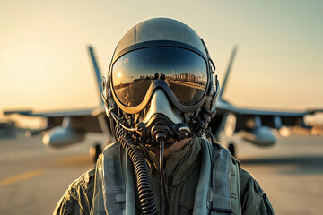 A military navy pilot prepares for takeoff at sunset, showcasing determination and skill in a high-stakes environment