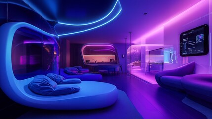 Futuristic Interior Design with Curved Walls and Neon Lights