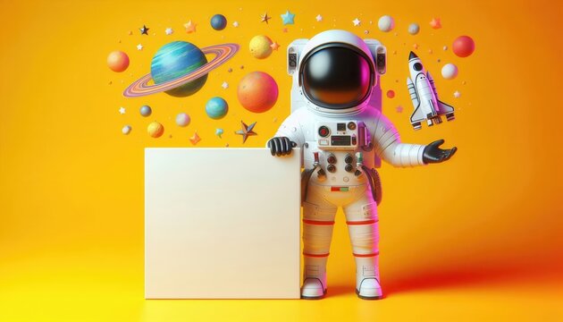 A playful astronaut presents a blank canvas surrounded by colorful planets and a rocket, ideal for creative projects, educational materials, or space-themed promotions.