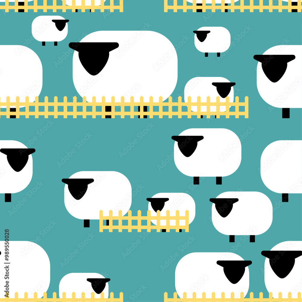 Poster Sheep in pen pattern seamless. Sheep and fence background