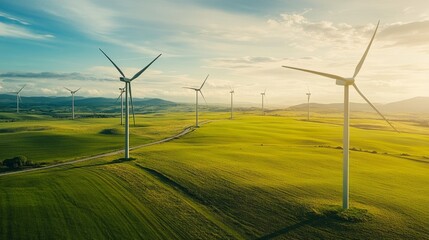 Obraz premium Wind Turbines in a Green Field: Sustainable Energy Production