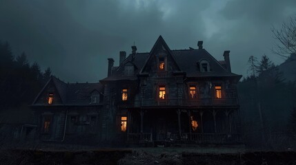 Spooky haunted house with glowing windows,