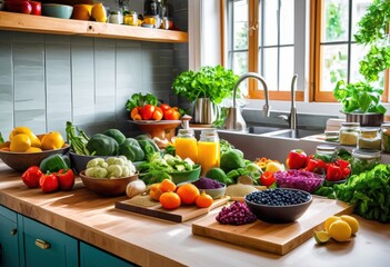 colorful allergy safe meal preparation bright home kitchen featuring fresh ingredients organized cooking tools, vibrant, healthy, vegetables, fruits, spices