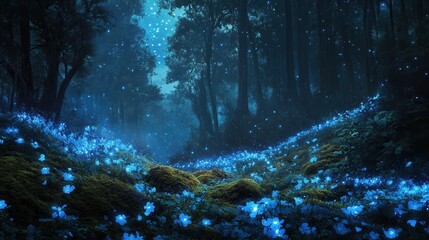 Enchanted Forest with Glowing Blue Flowers