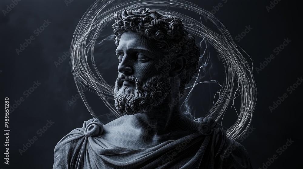 Poster a detailed sculpture of a classical figure with flowing energy patterns captured in a dark studio se
