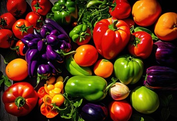 vibrant organic produce displayed under bright daylight highlighting freshness colorful variety vegetables fruits, abundance, agriculture, arrangement, berries