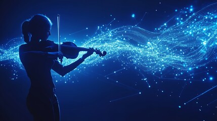 Fototapeta premium Silhouette of a Violinist Playing with Glowing Lines