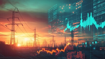 Fototapeta premium Power lines silhouetted against a vibrant sunset with data visualization overlay representing energy trends and metrics