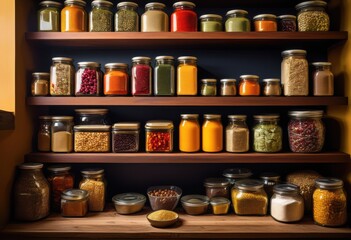 colorful pantry shelves overflowing variety food items including canned snacks well organized display, goods, spices, grains, vibrant, storage, containers