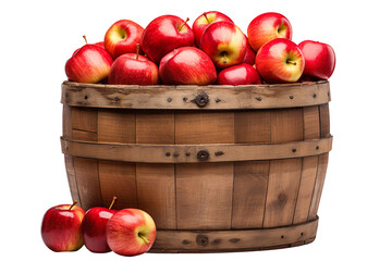 Apples in a wooden barrel isolated on transparent background