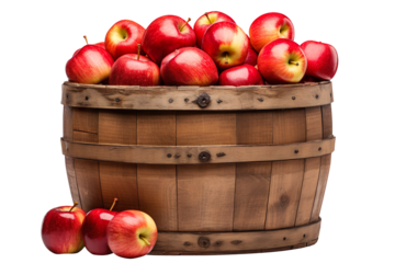 Apples in a wooden barrel isolated on transparent background