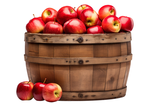 Apples in a wooden barrel isolated on transparent background