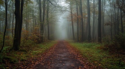 Obraz premium Enchanted Forest Path: A Misty Autumn Walk