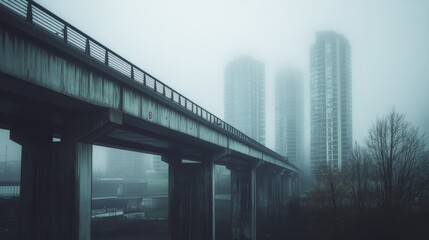 Fototapeta premium Foggy Cityscape: Bridge and Skyscrapers