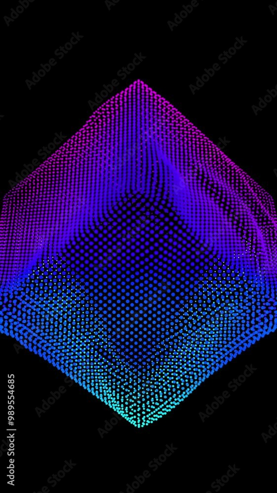 Poster looped distortion waves on abstract cube of particles. digital data splash of box point array. futur
