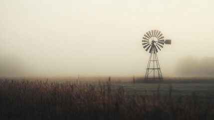 Windmill in a Foggy Field - Rural Landscape Photography