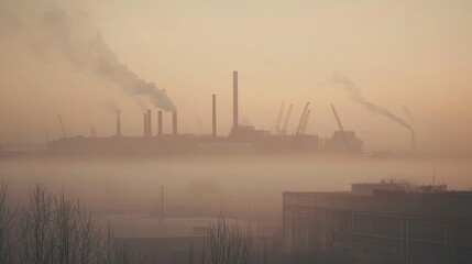 Industrial Landscape: A Foggy Morning with Smoke Stack Emissions