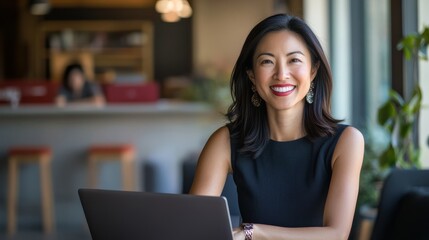 A confident entrepreneur is absorbed in her work radiating positivity in a vibrant setting