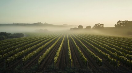 Obraz premium Vineyard Landscape at Sunrise with Fog