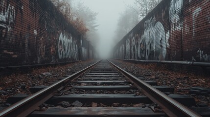 Graffiti Covered Railroad Tracks Vanishing into Fog