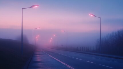 Misty Road with Street Lights at Dawn