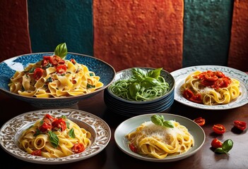 vibrant pasta dishes displayed colorful ceramic plates showcasing variety textures ingredients, food, meal, cuisine, gourmet, restaurant, dining, serving