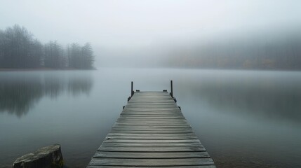 Fototapeta premium Serene Foggy Lake with Wooden Dock