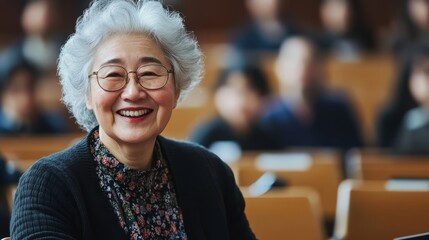 The elderly professor smiles warmly connecting with her students during class discussions